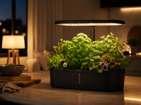QROOT hydroponic garden on a kitchen countertop