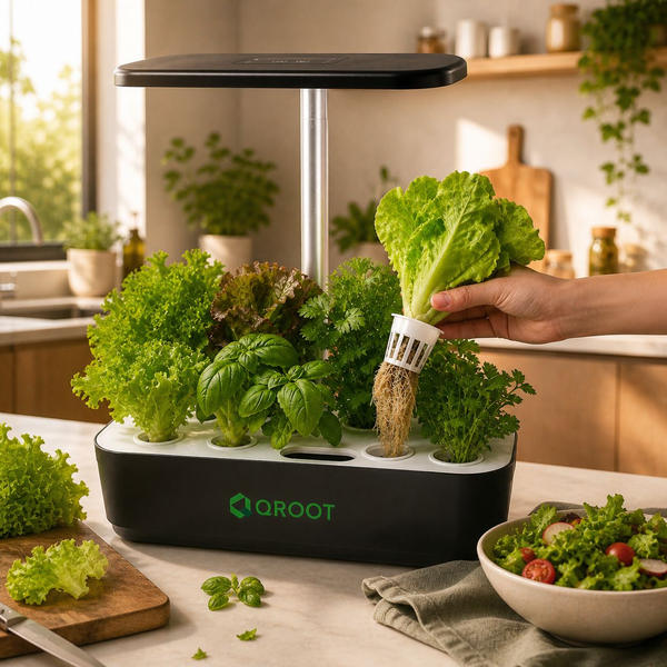 Harvesting fresh greens from a countertop garden